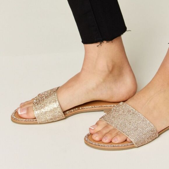 💲2️⃣0️⃣ Bundled ✔️Rose Gold Rhinestone Wide Strap Open Toe Flat Sandals - Picture 4 of 7